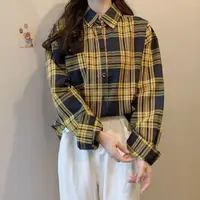 纽扣春秋格子长袖拼色翻驳领衬衫秋季格子衬衫【C区】3168/C21-1-2