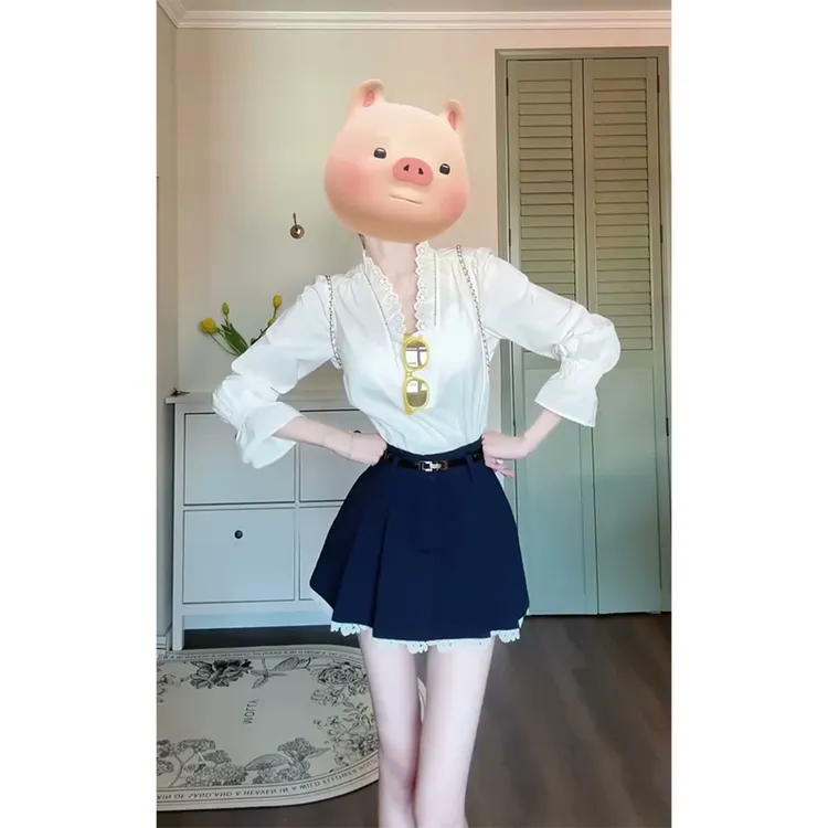 2025秋季新款女法式高级感喇叭袖V领衬衫上衣高腰蕾丝拼接半身裙