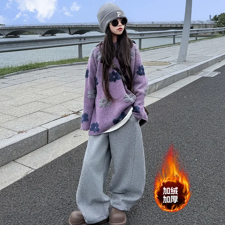 女童2025新款韩系时尚休闲日常穿搭甜美连帽厚毛衣加绒卫裤套装潮