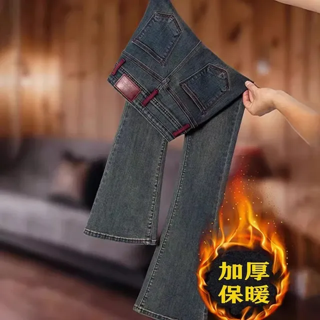 加绒高品质喇叭牛仔裤女2025春秋新款高腰安可拉红修身微喇叭裤子