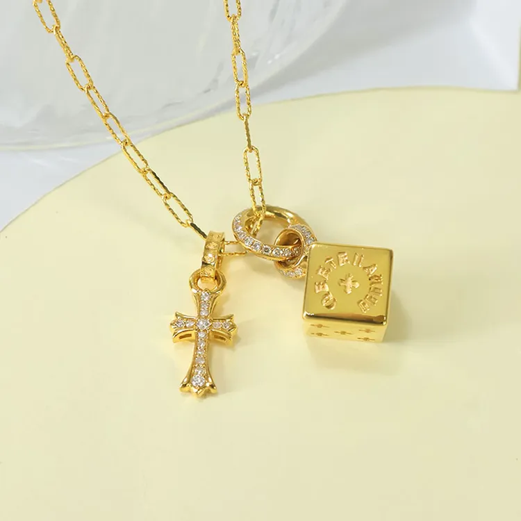 18K金正品骰子十字架套链嘻哈复古送情侣朋友礼物明星同款饰品