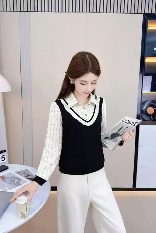 长袖衬衫女士2025年新款秋装洋气时尚气质百搭假两件上衣女式衬衣
