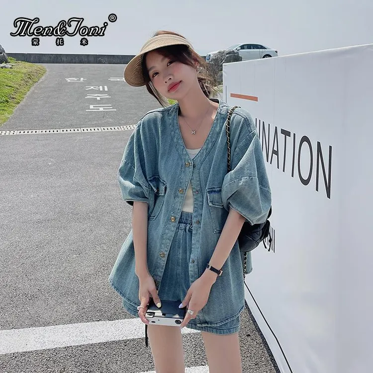 Men&Joni盐系穿搭牛仔套装女夏季2025新款小个子减龄泡泡袖上衣短