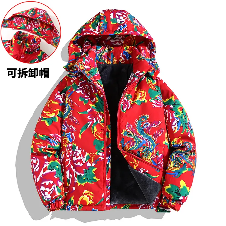 红色东北大花棉服男国风大码羊羔毛棉衣加绒保暖冬季带帽外套棉袄