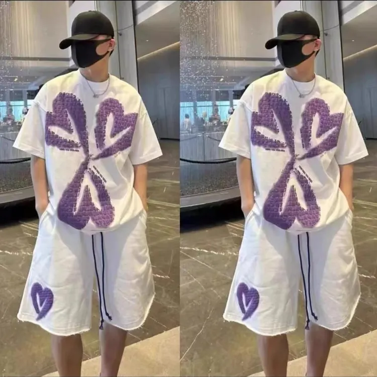 2025美式潮牌爱心印花T恤两件套男夏季宽松情侣款短袖短裤搭配一