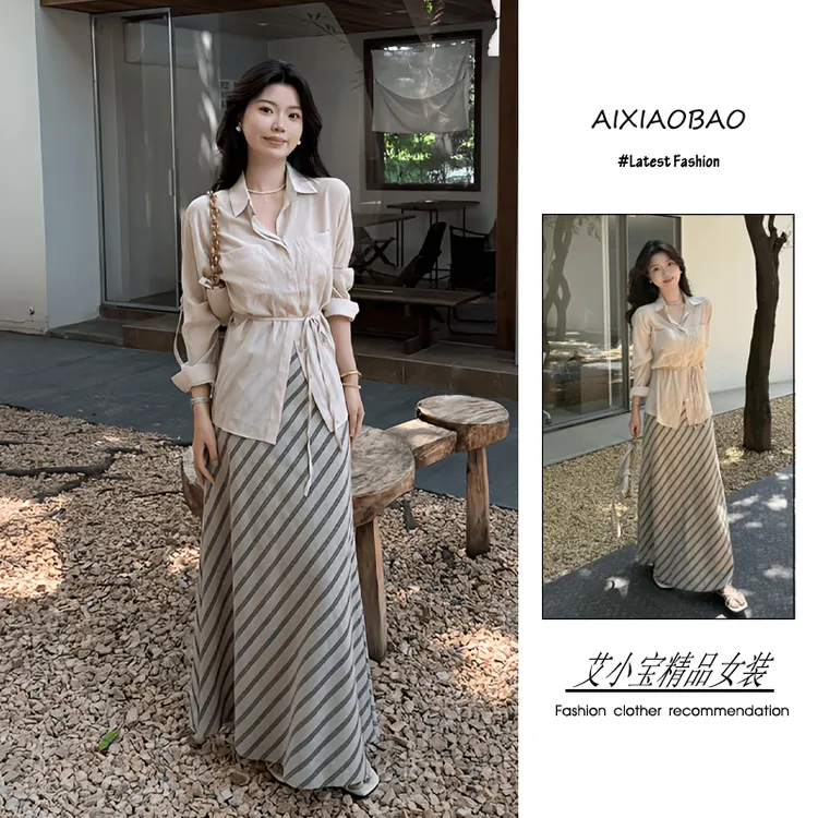 夏季2025年新款女装韩系穿搭老钱风气质收腰显瘦衬衫半身裙两件套