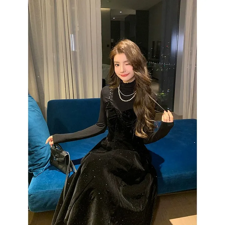 名媛宴会星空裙生日礼服裙烫金黑色金丝绒吊带长款连衣裙女秋冬