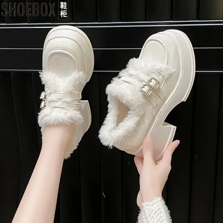 厚底加绒乐福鞋女2025冬款毛毛小个子增高雪地棉鞋高跟玛丽珍皮鞋