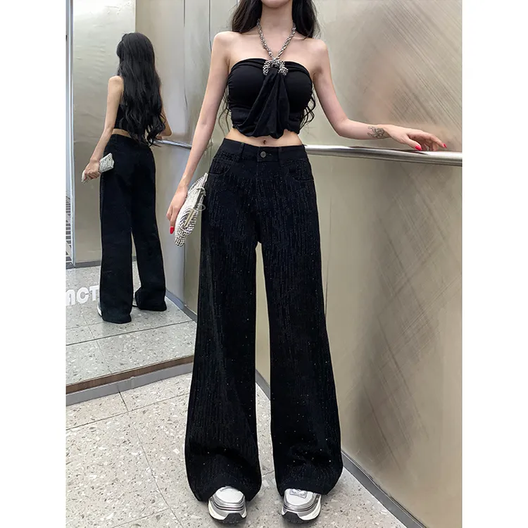 高级感流星闪钻阔腿牛仔裤女2025年秋季黑色宽松显瘦高腰堆堆长裤
