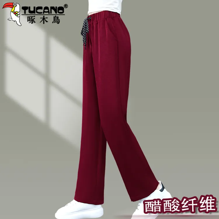 啄木鸟红色裤子女款爆款2025新款夏季薄款女裤休闲裤女士直筒长裤