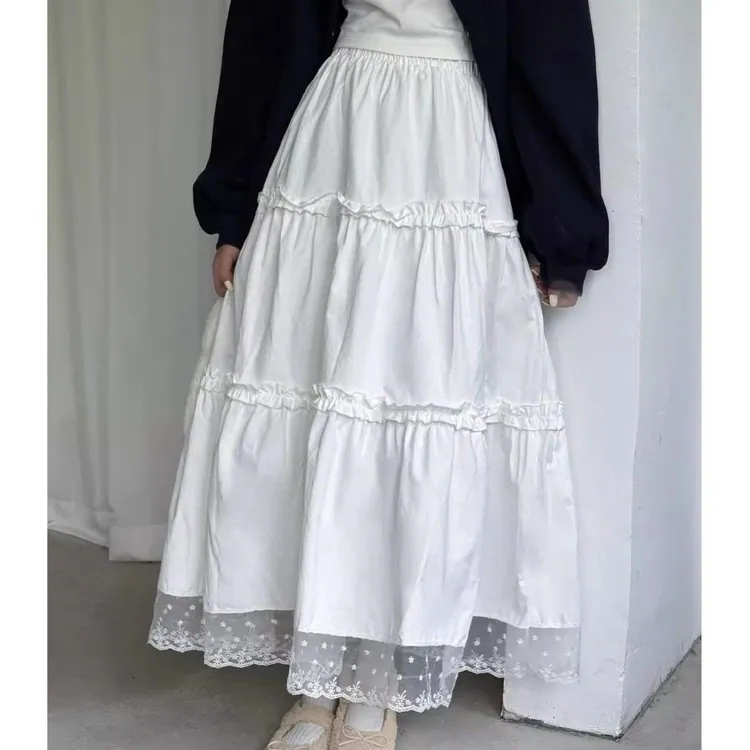 白色蕾丝蛋糕长裙女2025夏新款高腰百搭甜美森系设计感a字半身裙