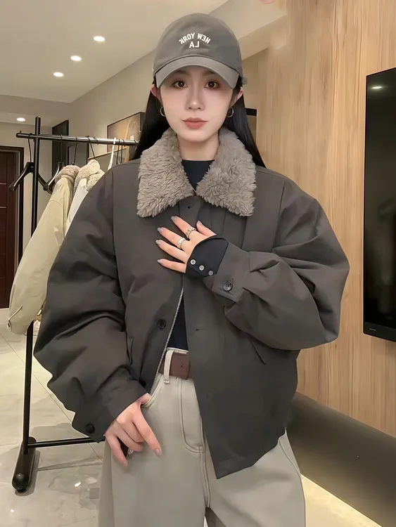 韩系羊羔毛翻领加厚保暖棉服女2025冬季新款小个子短款派克服外套