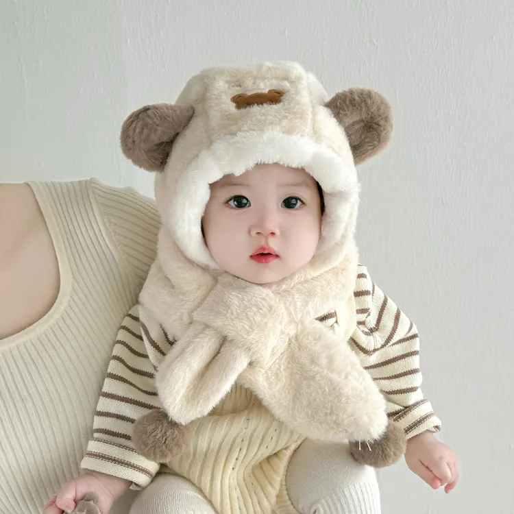 宝宝帽子儿童防风围巾一体帽卡通小熊秋冬季婴儿毛绒护耳帽男女童