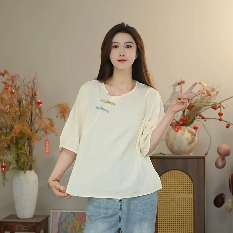 夏款上衣唐装休闲纯色欧若风简约宽松夏季斜襟纯棉9079文艺穿搭