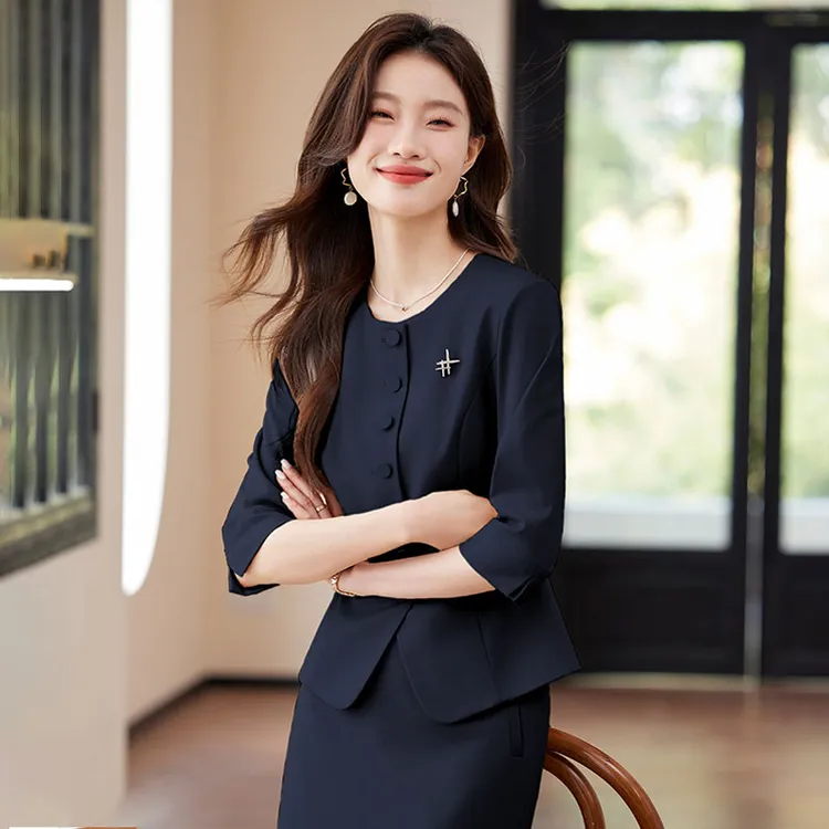 深蓝色西装套装女新款春秋气质女神范职业装正装七分袖小香风外套