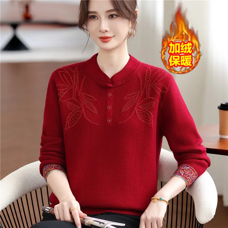 妈妈秋冬装毛衣洋气一体绒国风打底衫中老年人女加绒加厚保暖上衣
