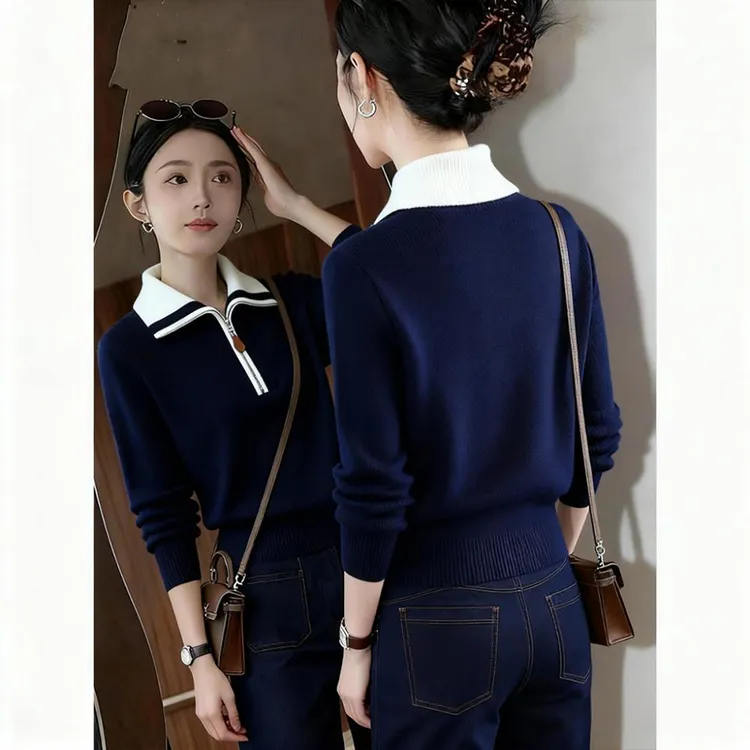 2025年冬季新款今年流行爆款半拉链藏蓝色毛衣女翻领小个子打底衫