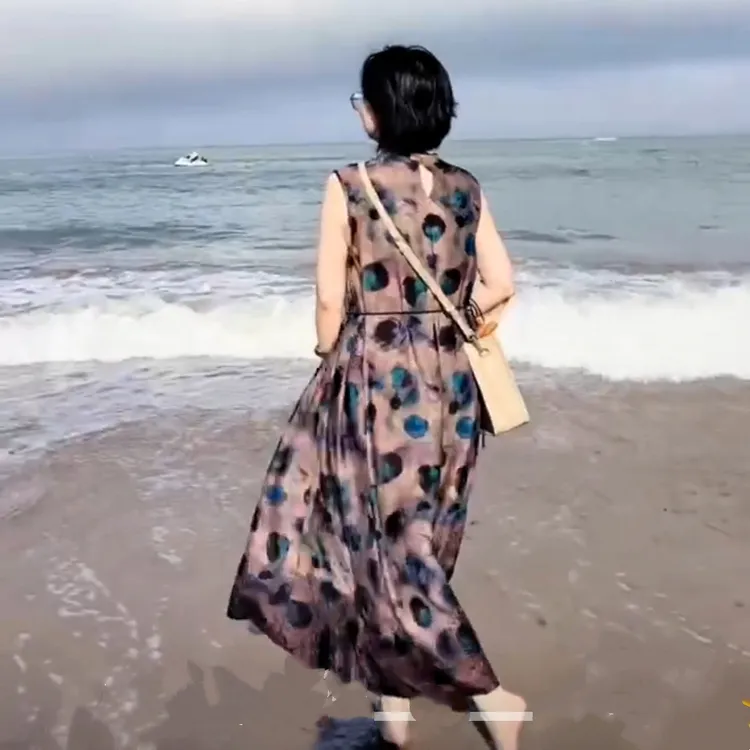 王姐专享【100%桑蚕丝香云纱蓝陵海浪】背心裙宽松长连衣裙子 KP769