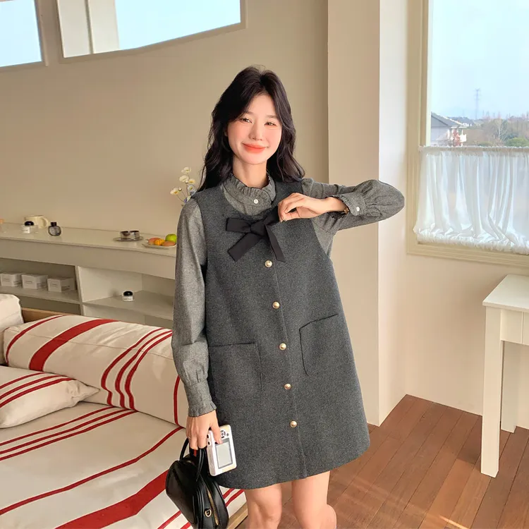 韩剧女主穿搭一整套2025秋冬新款气质名媛千金风衬衫毛呢背心裙子