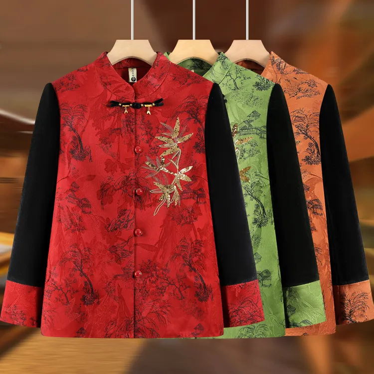 中老年人秋装女妈妈春秋冬奶奶新中式国风上衣服老太太加绒厚外套