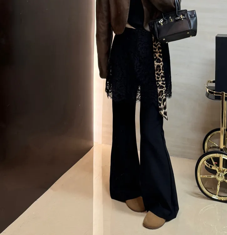 常规拼接高腰秋季铅笔裤休闲裤阔腿裤显瘦微喇加绒假两件