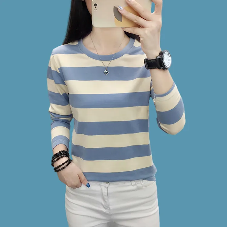 【爆款推荐】春季新款纯棉条纹长袖t恤百搭条纹遮肚子显瘦大码女装
