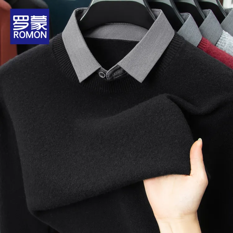 罗蒙男士100%羊毛衫秋冬款假两件针织毛衣男款冬季保暖打底衫男装