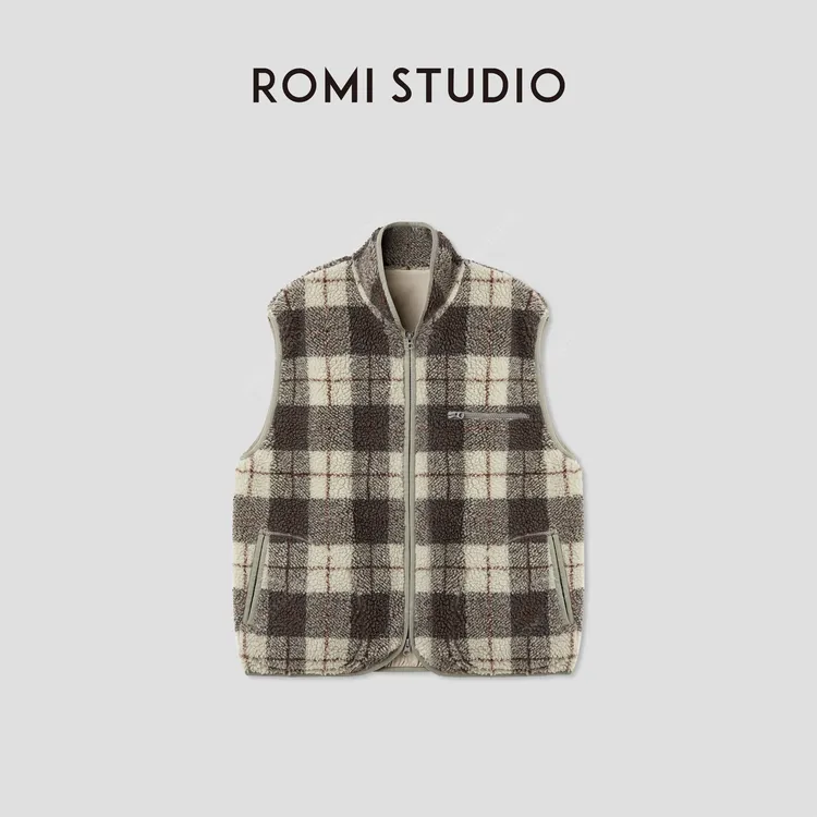 ROMI STUDIO“复古时髦”秋冬百搭格纹羊羔绒马甲背心RWCAW65080