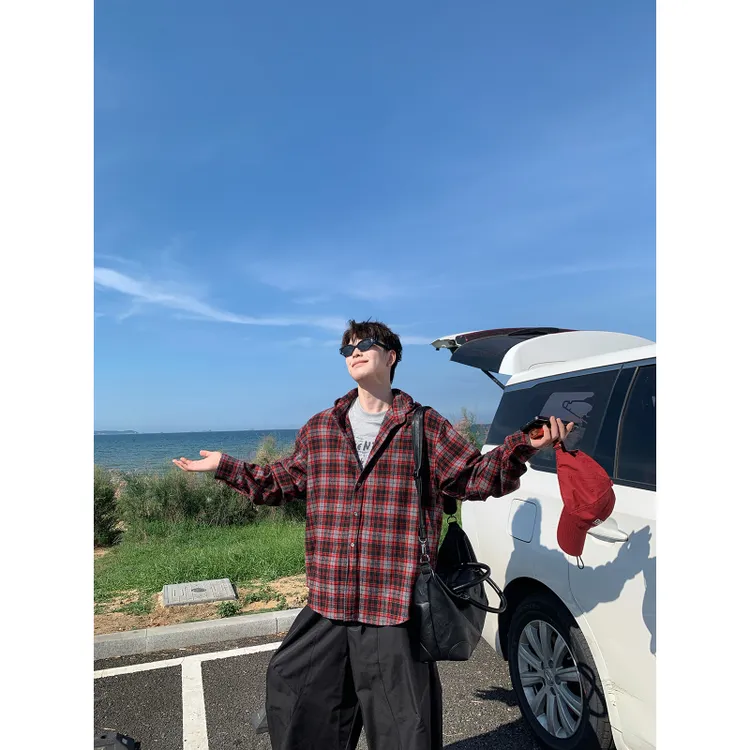 BILLOW荒浪 美式复古格纹宽松休闲百搭潮流长袖衬衫