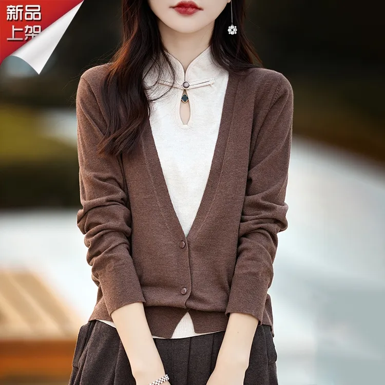 品牌正品2025秋冬精纺双股加厚国风假两件新中式盘领针织衫外套