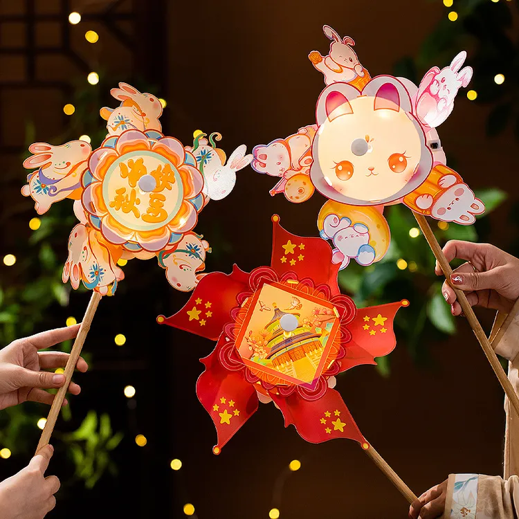 中秋节灯笼手持旋转风车发光灯笼儿童手工diy材料卡通小兔子花灯