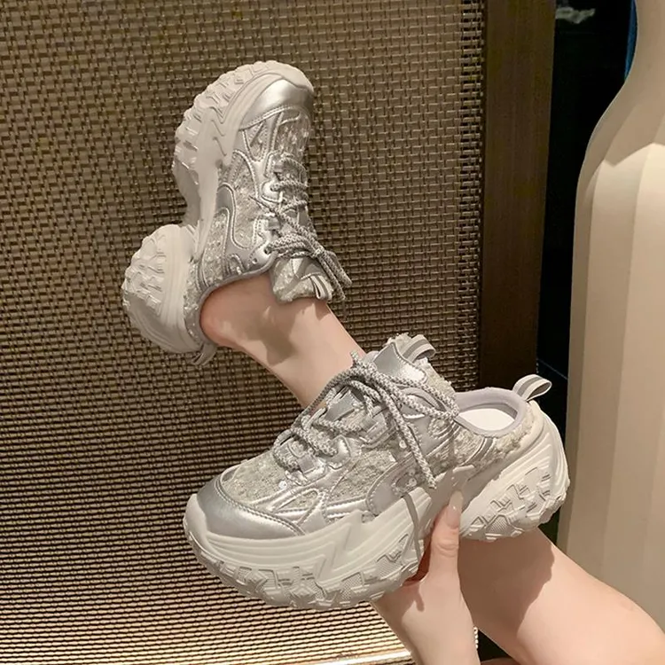 赵露思同款银色老爹鞋包头半拖鞋女夏超火增高厚底休闲运动女鞋