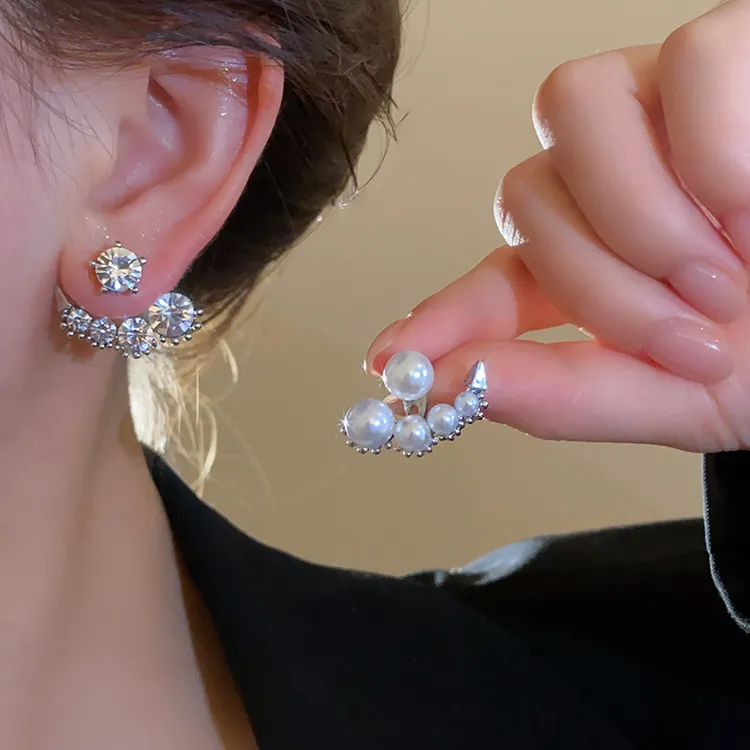 铜合金仿珍珠耳饰 银色时尚简约饰品耳钉几何两戴上班族耳饰A519
