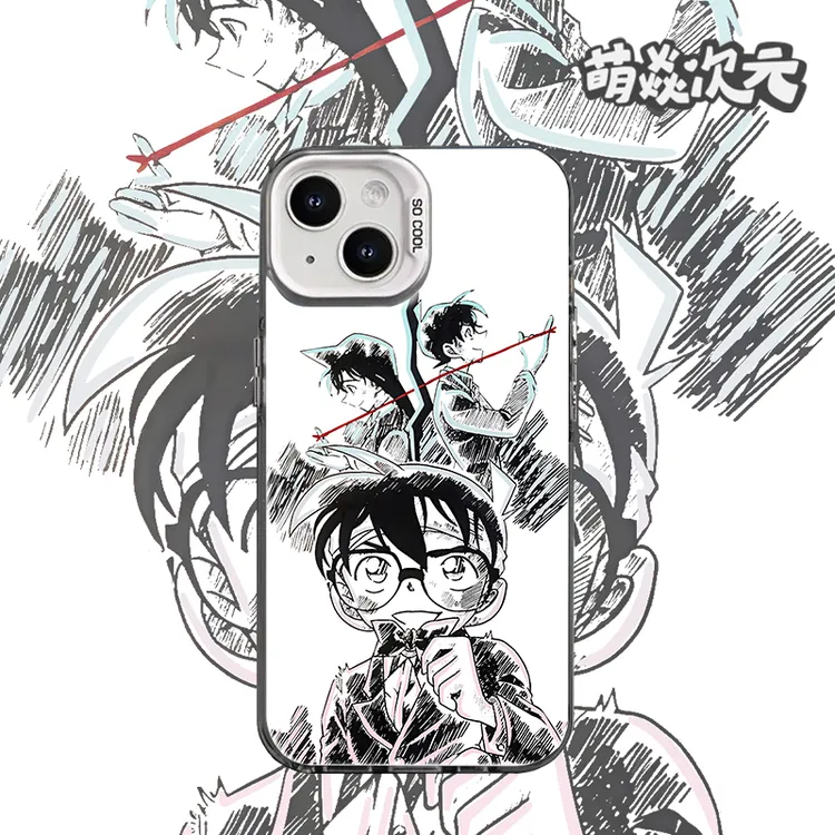 名侦探柯南黑白新一小兰线条反光适用苹果华为VIVO小米OPPO手机壳