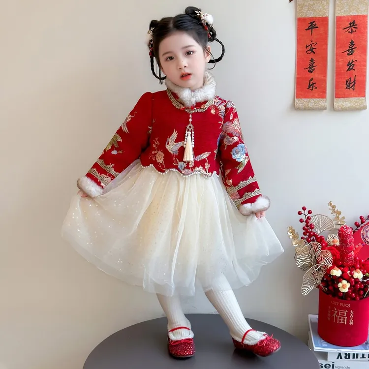 女童中国风汉服连衣裙冬季女宝宝加绒年服纱裙唐装儿童舞蹈表演服