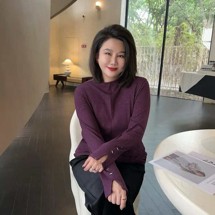 微胖女装【耀眼打底】闪闪加绒袖口开衩加绒打底T恤冬季小立领20873