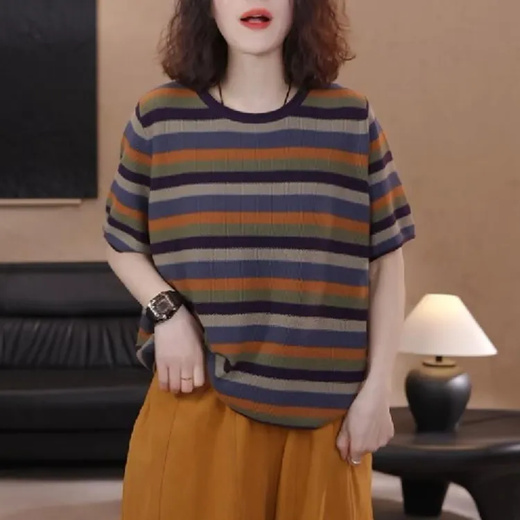 时尚复古条纹短袖女t恤2025新款夏季大码宽松胖mm圆领套头上衣服
