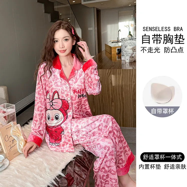 带胸垫2025年新款金丝绒睡衣女春秋季长袖可爱卡通秋冬家居服套装