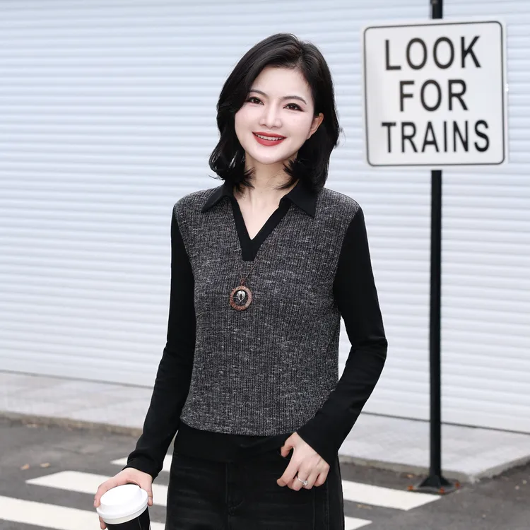 【自带项链】枫竺阿楠anan气质翻v领撞色拼接长袖衬衫女秋百搭上衣