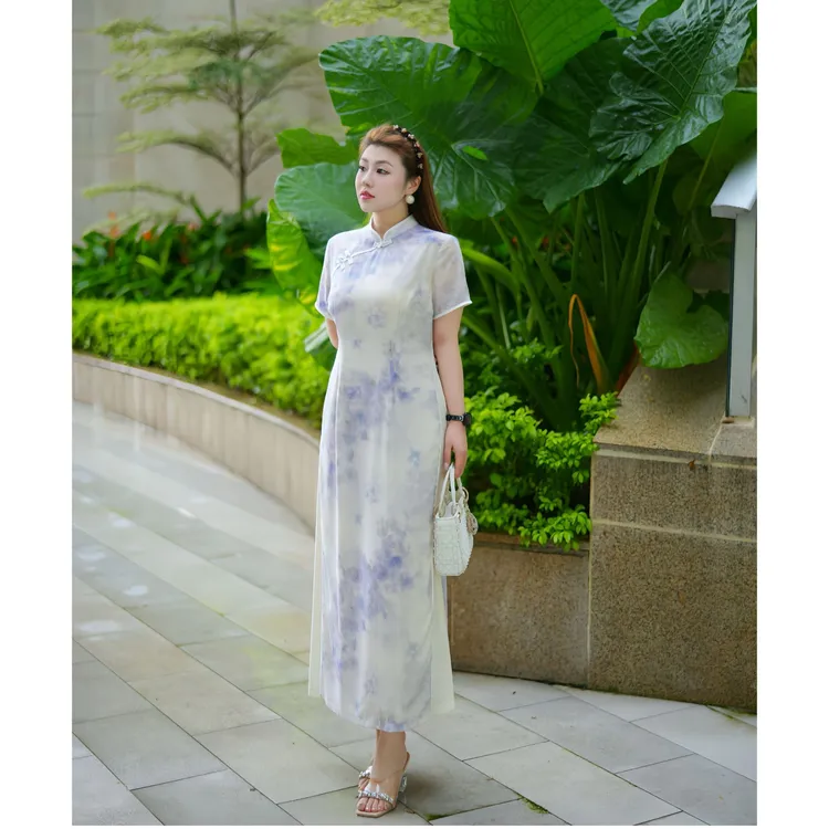 XYD71660淡紫色新中式奥黛优雅长连衣裙大码女装气质收腰大裙摆