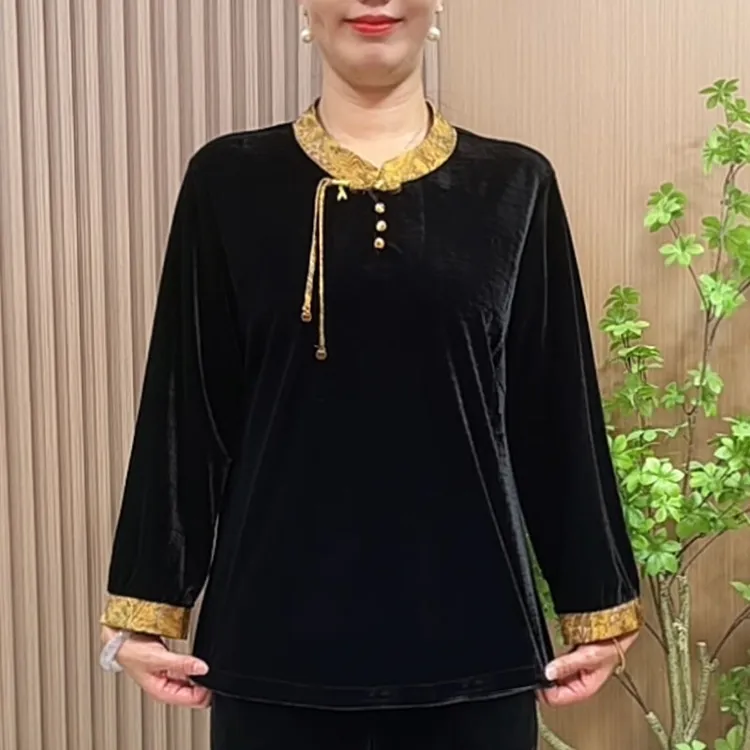 妈妈秋装国风打底衫2025新款中老年女装秋冬立领新中式百搭小衫