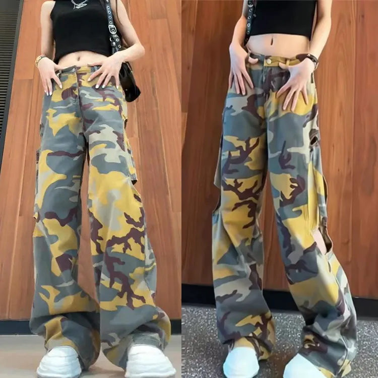迷彩裤女春季2025美式工装裤阔腿裤高腰显瘦时尚破洞嘻哈直筒长裤