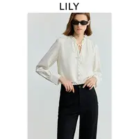 LILY2025秋莫代尔醋酸混纺系带V领通勤衬衫125309C8918