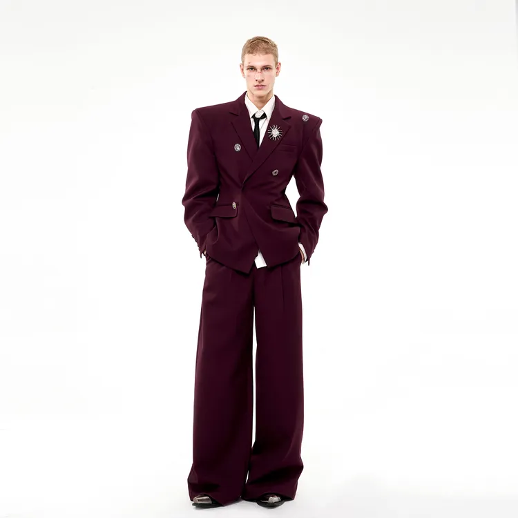 SEE 高级羊毛天丝翘肩西装套装男秋季金属胸针廓挺男士收腰西服