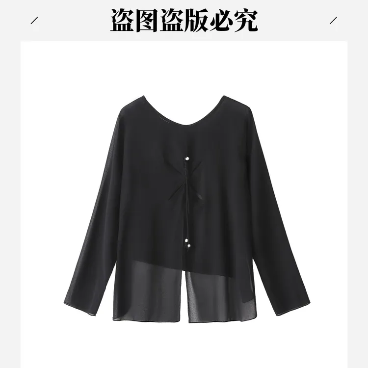 圆领长袖宽松缕空雪纺衫斜边罩衫小衫百搭春日慢人风