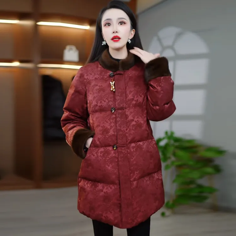 国风中长款羽绒服女2025冬季新款毛领立领90%白鸭绒保暖显瘦外套