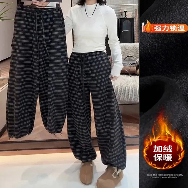 今年爆款两穿条纹休闲裤女2025秋冬新款大码加绒显瘦束脚阔腿裤子