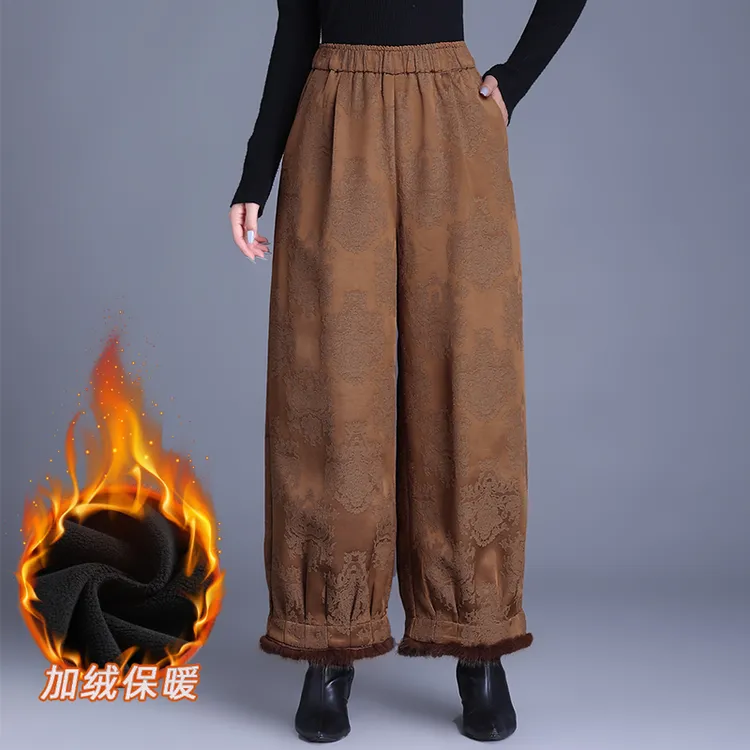 国风阔腿裤冬季水貂毛保暖重工提花直筒裤加绒加厚高腰九分裤子女