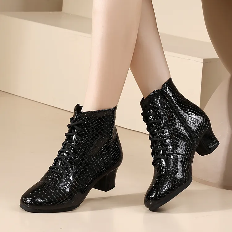 达人专属特丝丽她鳄鱼纹秋冬广场舞蹈鞋中跟现代舞拉丁舞鞋牛皮妈妈鞋短靴