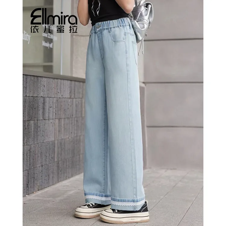 9139女童牛仔裤夏季儿童阔腿裤卷边长裤宽松2025新款洋气大童轻薄